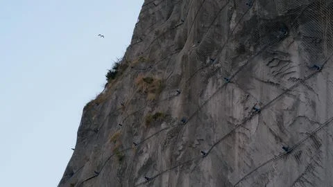 A low-angle detailed view of a steep rocky cliff face reinforced with a heavy Stock Photos