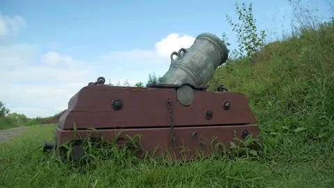 Low angle Dolly move on US mortar from Revolutionary War Stock Footage 79816391