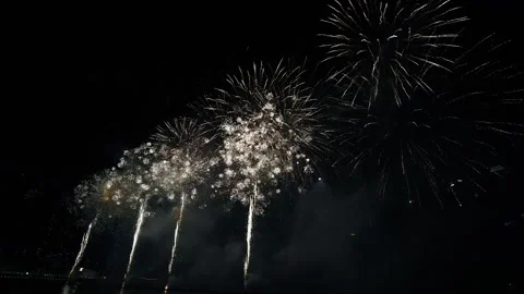 Low Angle dolly shot of Fireworks display at Marina Bay, Singapore Stock Footage 273693983