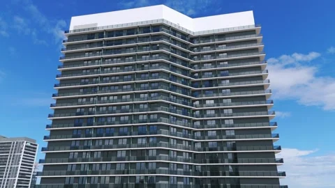 Low angle dolly shot of modern building against skyline background. Outside view Stock Footage 254577592