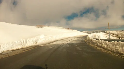 Low angle driving POV on snowy country road in Spain - Hyperlapse Time lapse Stock Footage 36001902