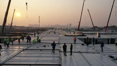 Low angle drone 4K, construction workers, Wuhan coronavirus hospital Stock Footage 130541521
