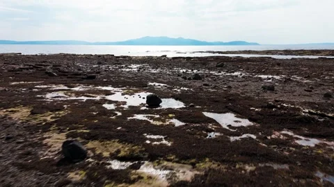 Low Angle Drone Flight Over Rocky Beach with Calm Sea and distant Island Stock Footage 342293348