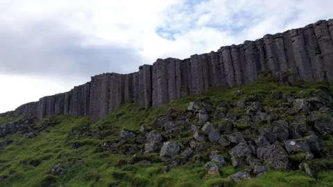 Low Angle Drone Gerduberg Cliffs Iceland Landscape Columns Stock Footage 256716732