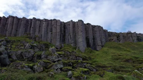 Low Angle Drone Gerduberg Cliffs Iceland Aerial Slow Backwards Reveal Landscape Stock Footage 256716765