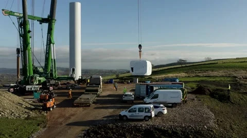 Low angle Drone Recording of a wind turbine construction, 4K Stock Footage 179322841