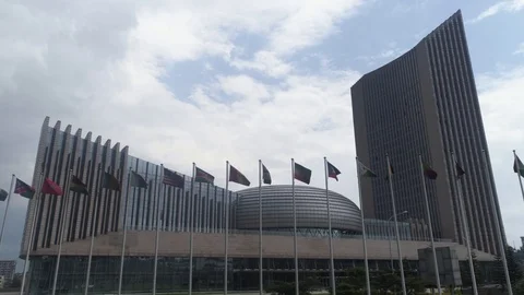 Low Angle Drone Shot of African Union Headquarters in Addis Ababa Ethiopia Stock Footage 95389346