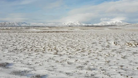 Low angle drone shot grasslands in snow, natural Winter landscape Iceland Video stock 113767606