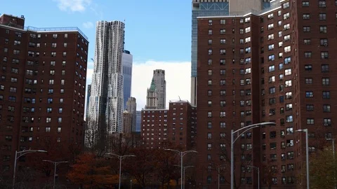 Low angle drone shot of Manhattan downtown skyscrapers, New York City. NYC, USA Stock Footage 122542330