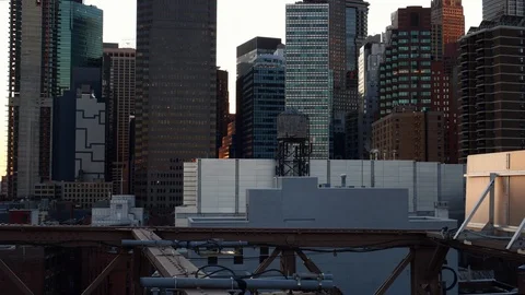 Low angle drone shot of NYC New York City Manhattan downtown skyscrapers. Stock Footage 122535452