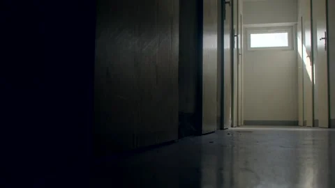 Low-angle empty school corridor with closed classroom doors Video stock 347221621