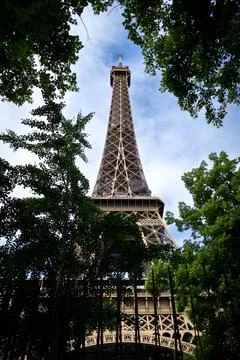 Low angle of the famous Eiffel tower from the green trees Stock Photos