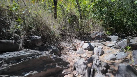 Low angle fast walk over rough rocky terrain in nature Stock Footage 340276594