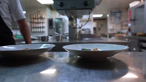 Low angle fine dining pass in pro stainless steel kitchen, Alps Stock Footage 331956447