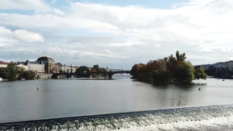 Low angle flying along River Vltava Stock Footage 124970069