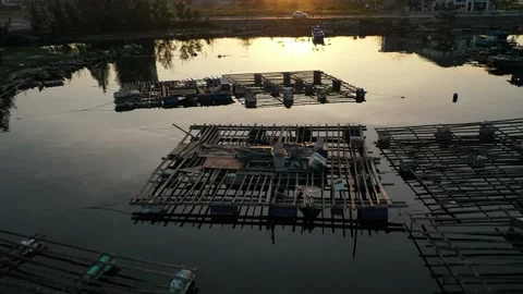 Low angle flying backward on fishing farm revealing sun Stock Footage 147983634