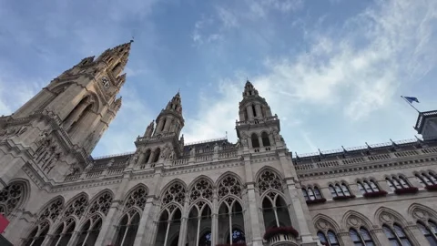Low angle footage of the ornate spires of the Vienna City Hall Rathaus Stock Footage 344432393