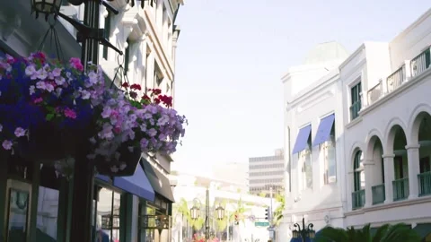 Low angle forward push Rodeo Drive sidewalk Beverly Hills Stock Footage 332604366