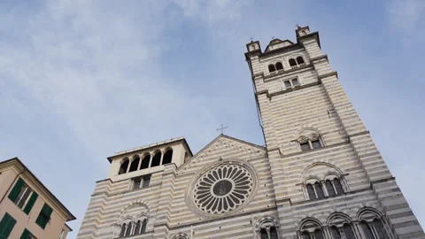 Low Angle Genoa Cathedral San Lorenzo Italy Historic Church Architecture Stock Footage 333497189