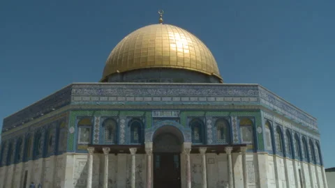 Low Angle of Golden Dome Of The Rock And Blue Mosaic Design Mosque Stock Footage 238666019