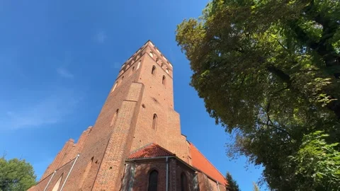 Low angle gothic brick tower with tree against sky Stock Footage 317496467