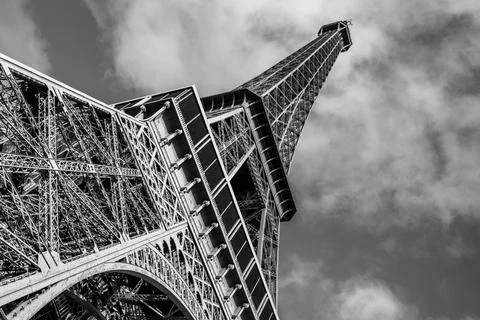 Low-angle greyscale shot of the Eiffel Tower in Paris, France Stock Photos