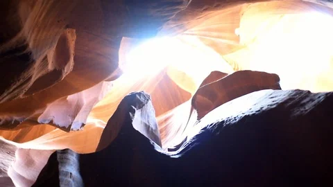 Low angle handheld panning view upper Antelope slot canyon in Page, Arizona Stock Footage 120606087