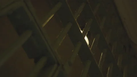 Low angle handheld shot of dirty metal jail doors of dim lit cell Stock Footage 208751259