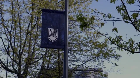 Low angle handheld tracking shot orbiting left around blue UBC street banner on Stock Footage 333372669