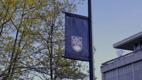 Low angle handheld tracking shot retreating from blue University of British Stock Footage 333521832
