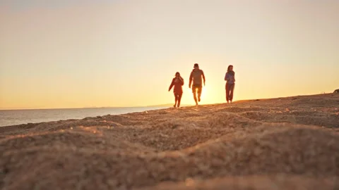 Low angle of happy people running on sandy beach against the setting sun Stock Footage 201194518