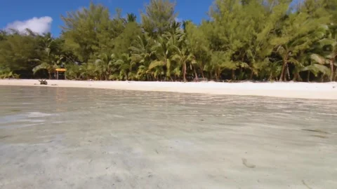 Low angle horizontal pane view of shallow calm lagoon from white sandy beach wit Stock Footage 250400429