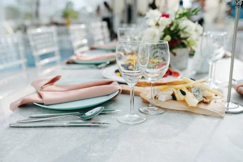 Low angle image of a banquet table outdoors Stock Photos