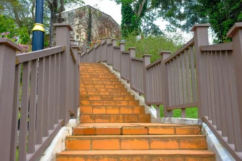 Low angle image of staircase with railing to peak of st paul hill Stock Photos