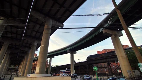 Low Angle of interstate and Train Passing Richmond Virginia Stock Footage 111369600