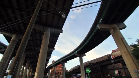 Low Angle of interstate and Train Passing Richmond Virginia Stock-Footage 111369632