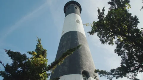 Low Angle of Light house, Lighthouse, Fire Island, New York, NY East Coast Beach Stock Footage 133510360