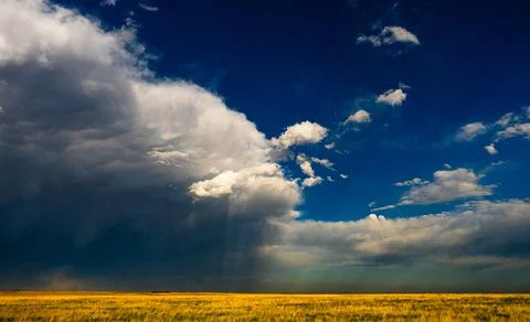 Low-angle light shines through storm clouds over colorful fields, creating a  Stock Photos