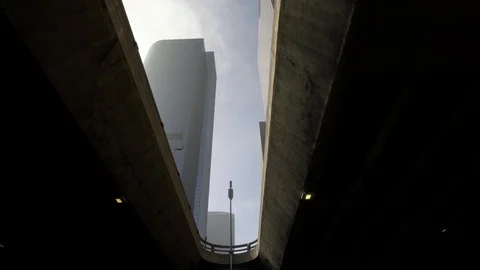Low angle looking up drone shot of skyscrapers in Los Angeles city USA Stock Footage 99116319