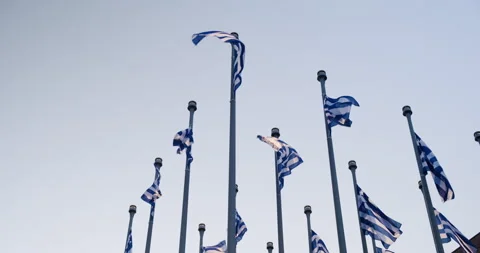 Low angle of may Greek flags fluttering on wind. Stock Footage 151980702