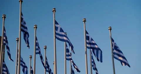Low angle of may Greek flags fluttering on wind. Video stock 151983518