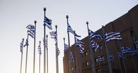 Low angle of may Greek flags fluttering on wind. Stock Footage 151986075