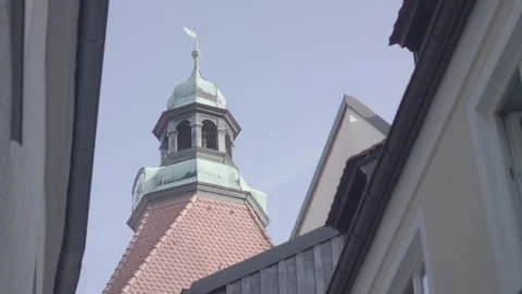 Low Angle Medium Shot Old Town Hall Clock Tower With Copper Cupola Between B Stock Footage 330174655