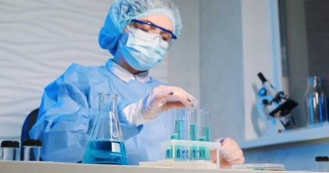 Low angle medium shot of pharmacy female doctor scientist research vaccine Video stock 151835480