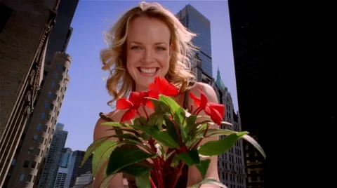Low angle medium shot woman holding flowering plant Stock Footage 46259007