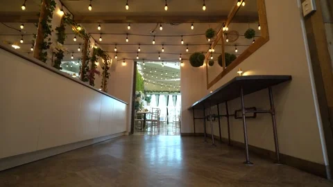Low angle move through a corridor lit with string lights Stock Footage 345556987