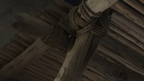 Low Angle Night View of Heritage Building Wooden Beams Stock Footage 322989446