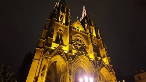 Low Angle Night View Of Illuminated Sainte-Clotilde Basilica Paris, France Stock Footage 322193255