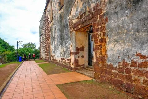 Low angle  old external brick wall of the ruin of st paul church in malacca Stock Photos