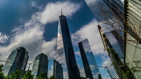 Low angle of One World Trade Center and modern buildings, New York, USA Vídeo Stock 64080813